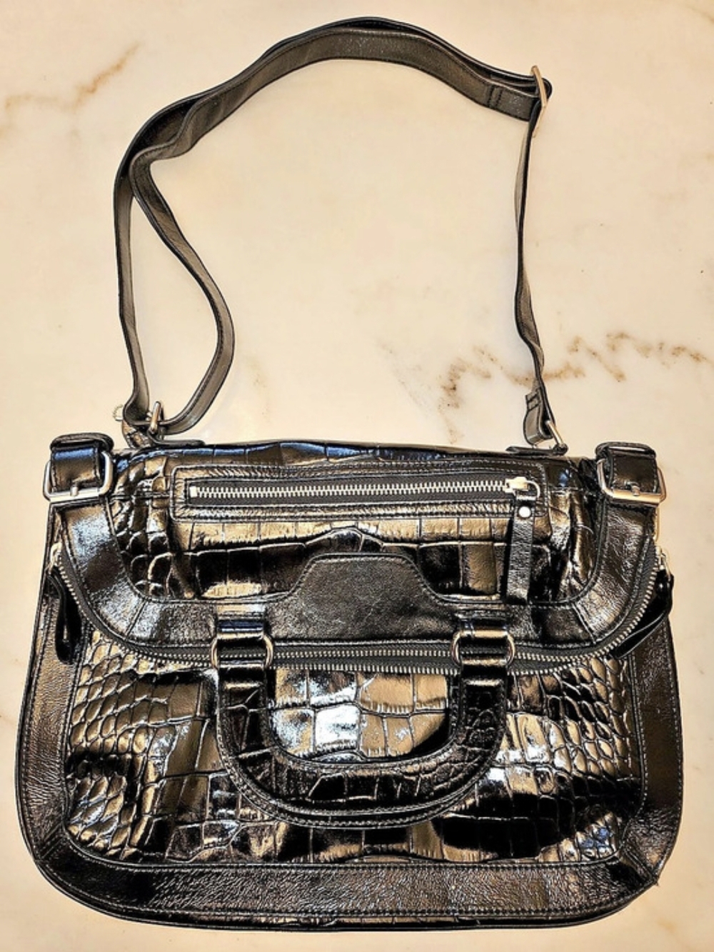 Danier Croc-Embossed Leather Shoulder Bag in Black